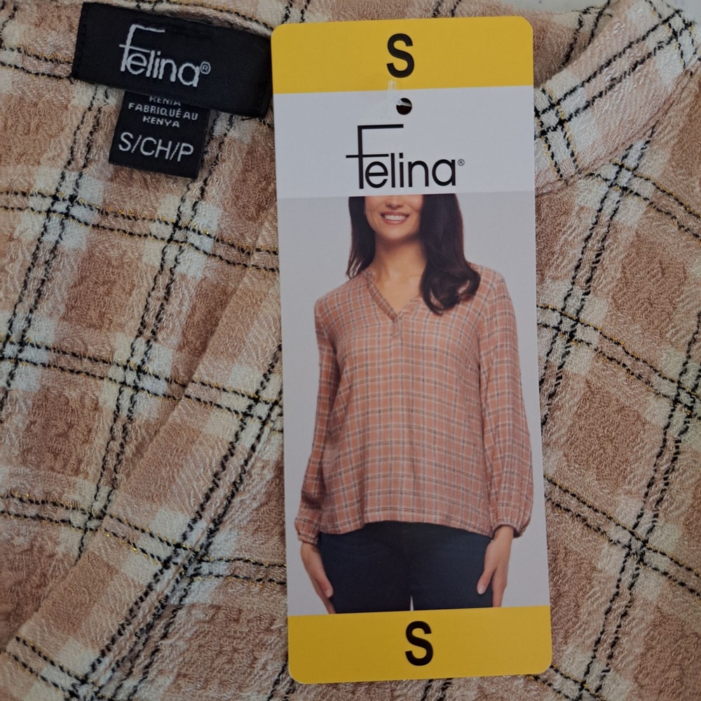 Felina Plaid Blouse Womens S Cream NWT Metallic V-Neck Balloon Sleeve 850-207-B9